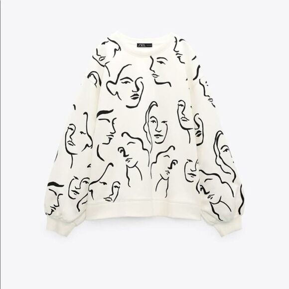 Zara white printed black drawn faces crewneck sweatshirt - Picture 7 of 7